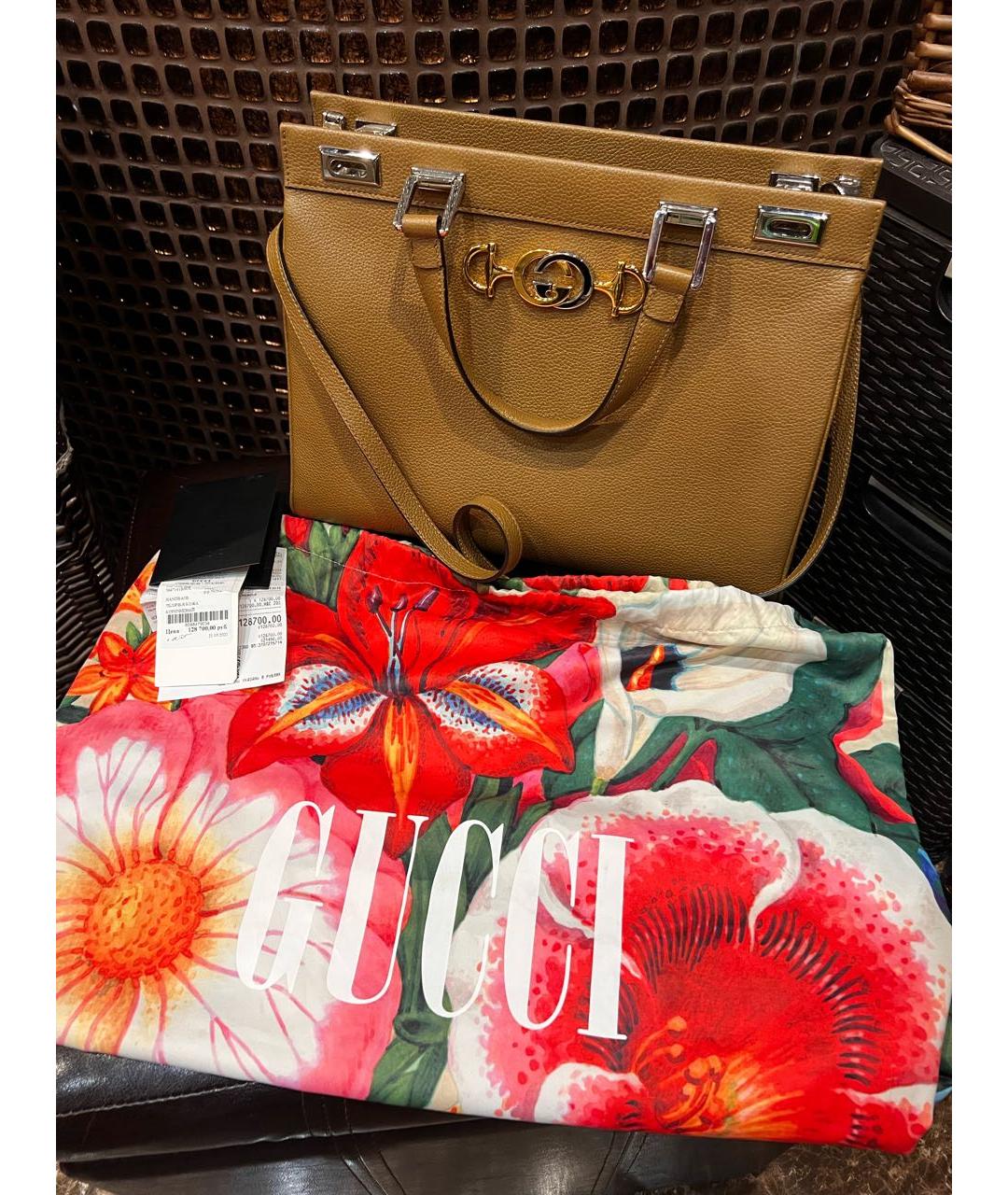 GUCCI Бежевая кожаная сумка с короткими ручками, фото 7