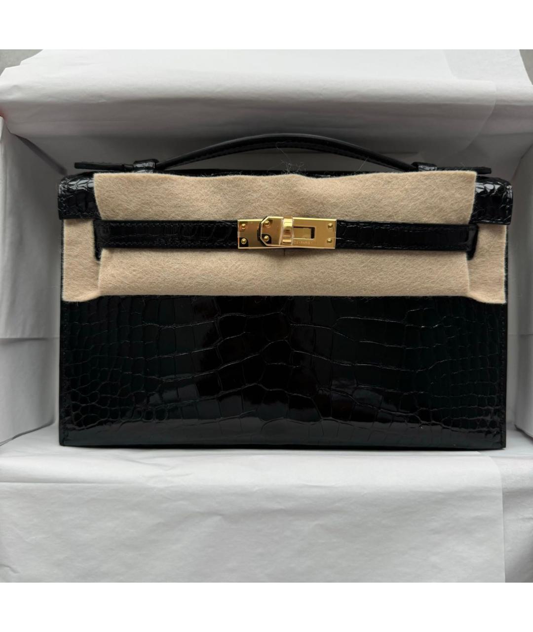HERMES Черная сумка с короткими ручками из экзотической кожи, фото 5