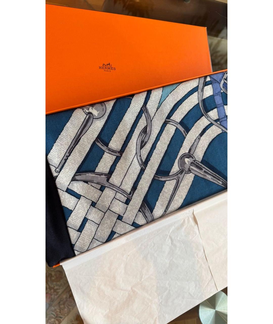 HERMES Синий кашемировый шарф, фото 5