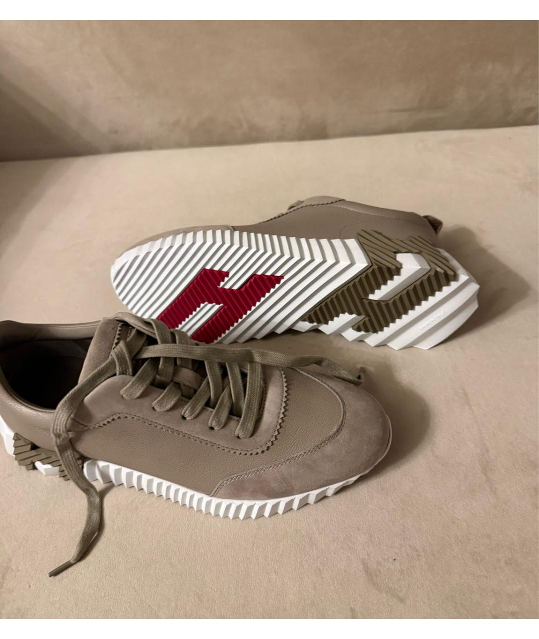 HERMES Бежевые кожаные кроссовки, фото 5