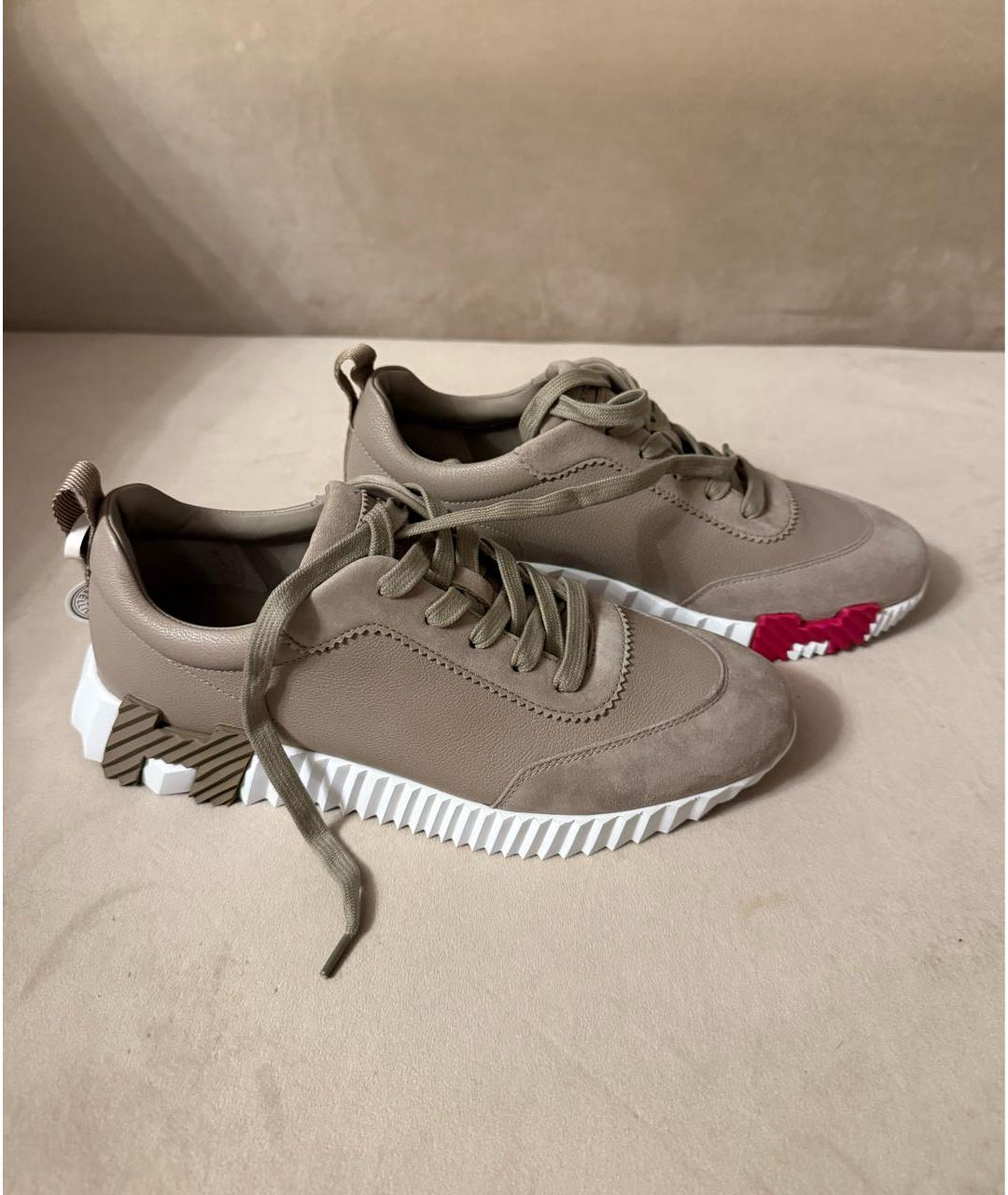 HERMES Бежевые кожаные кроссовки, фото 2