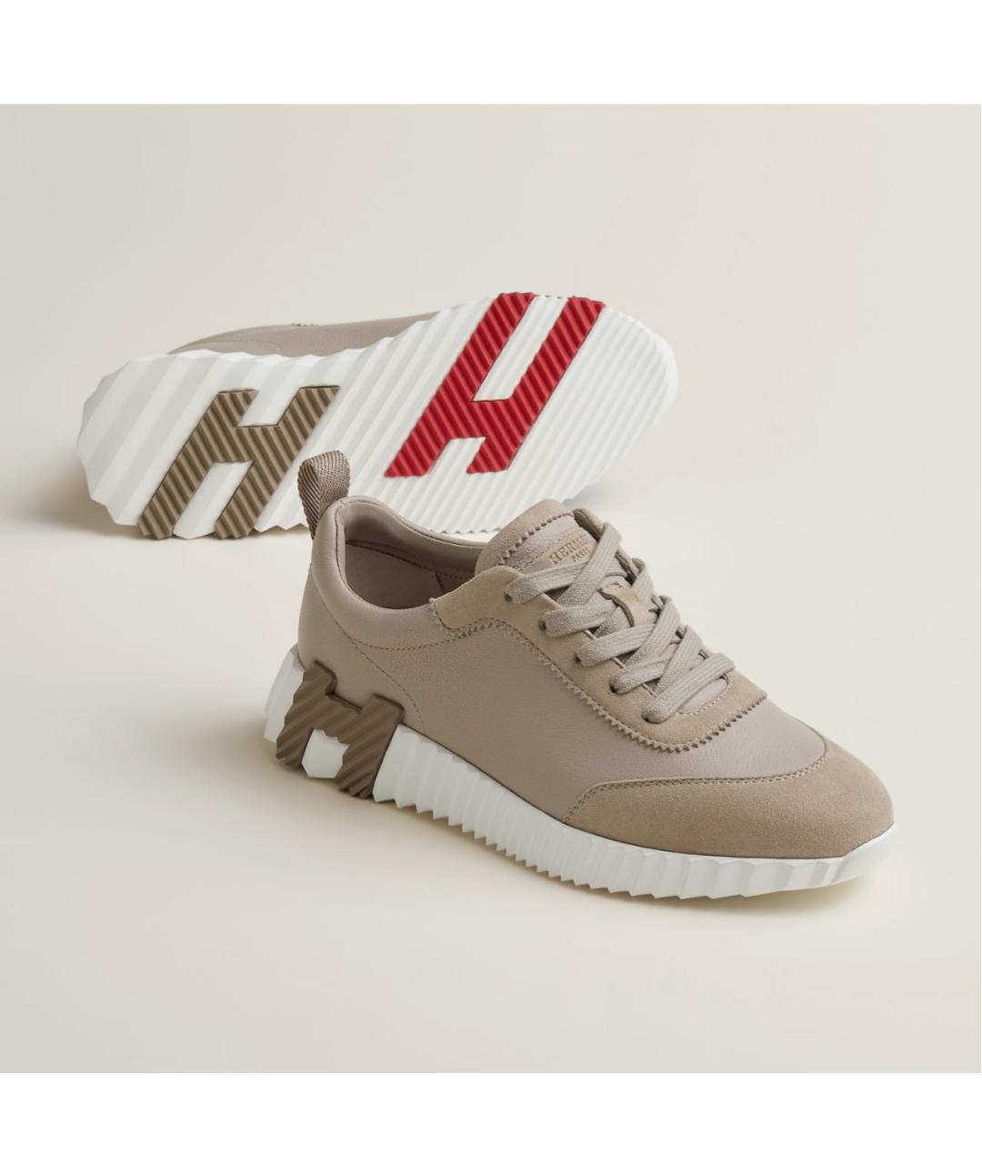 HERMES Бежевые кожаные кроссовки, фото 8