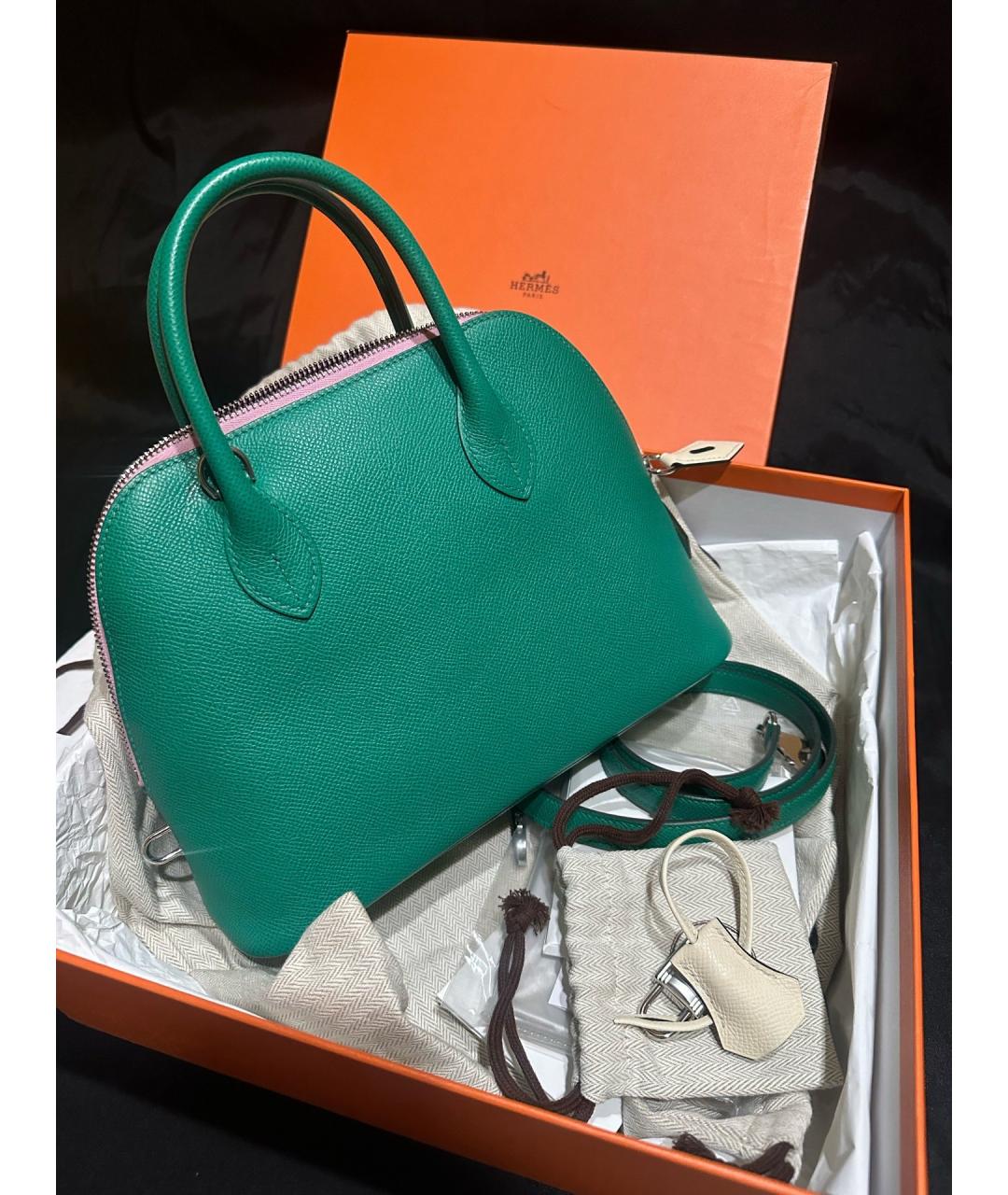 HERMES Зеленая кожаная сумка с короткими ручками, фото 10