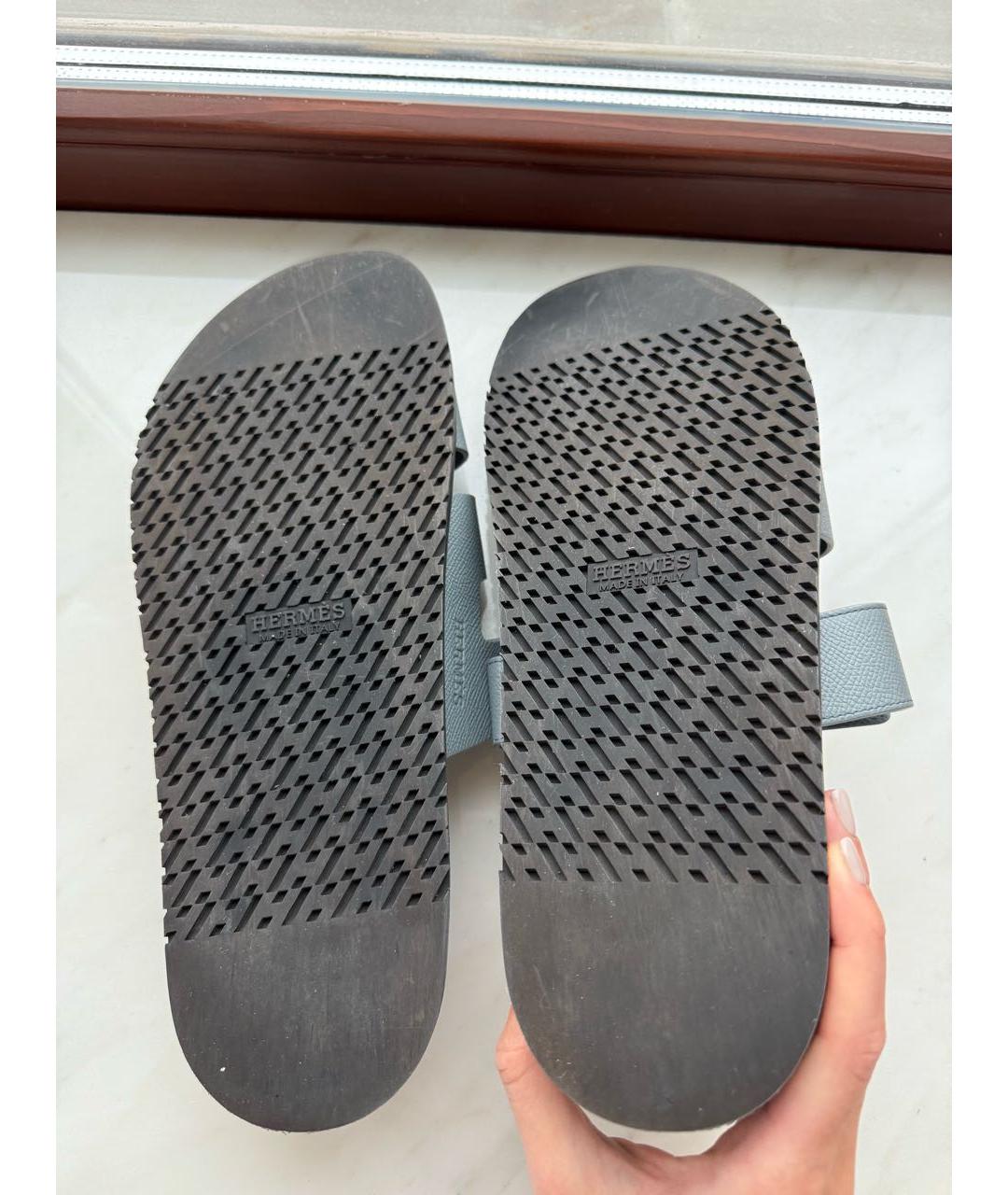 HERMES Голубые кожаные шлепанцы, фото 3
