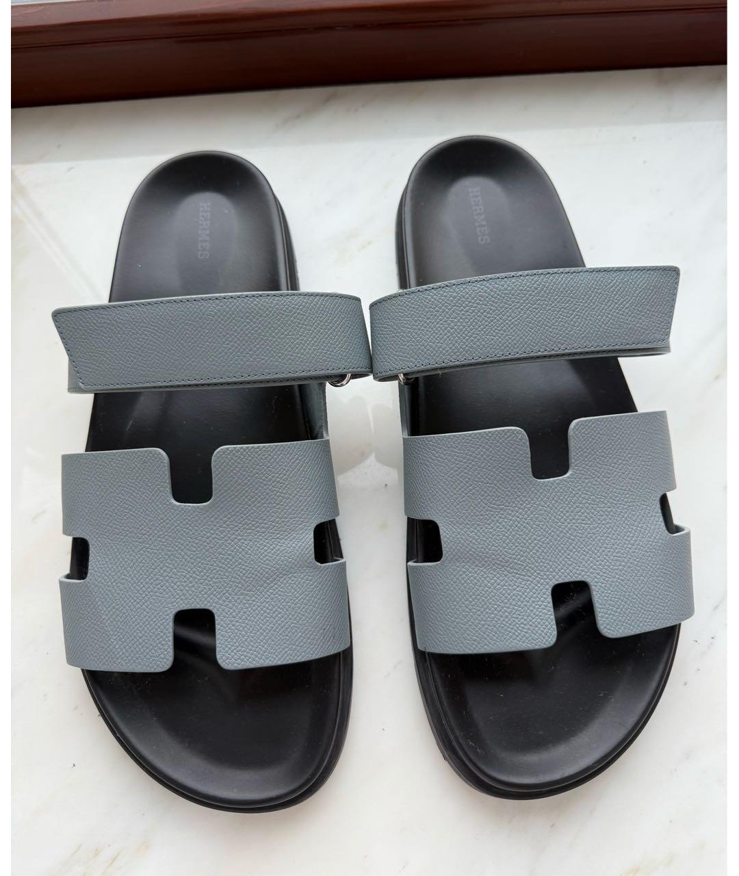 HERMES Голубые кожаные шлепанцы, фото 2