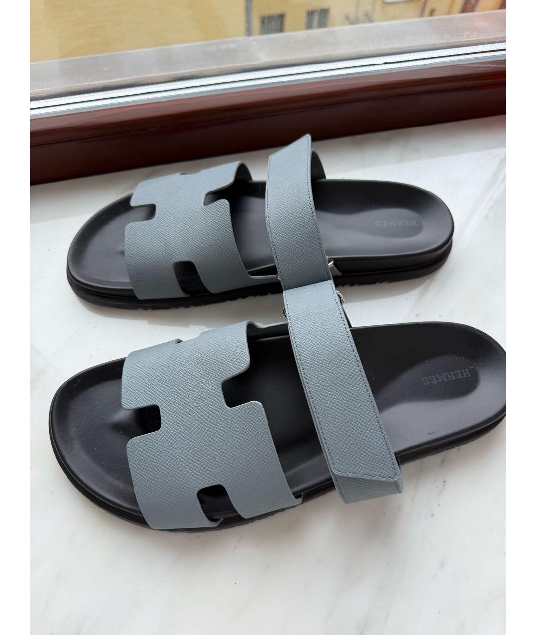 HERMES Голубые кожаные шлепанцы, фото 5