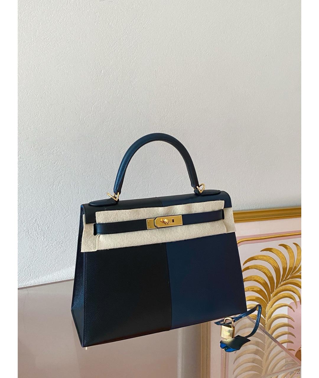 HERMES Темно-синяя кожаная сумка с короткими ручками, фото 8