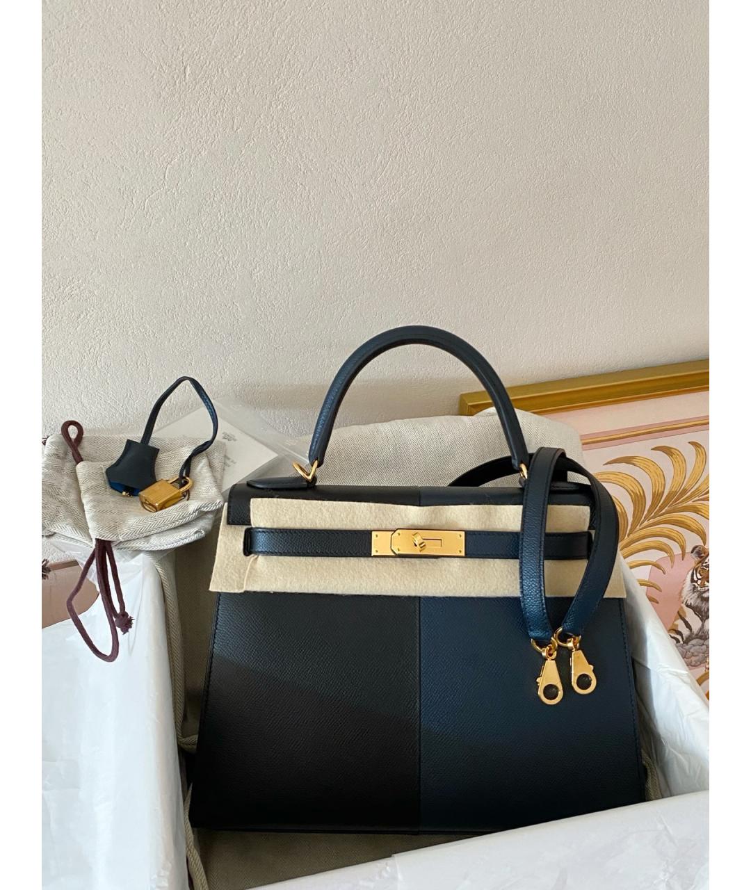 HERMES Темно-синяя кожаная сумка с короткими ручками, фото 3