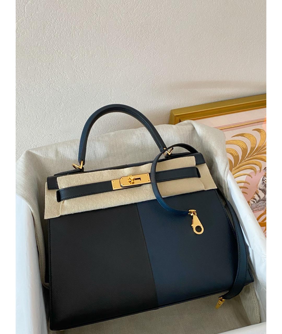HERMES Темно-синяя кожаная сумка с короткими ручками, фото 5