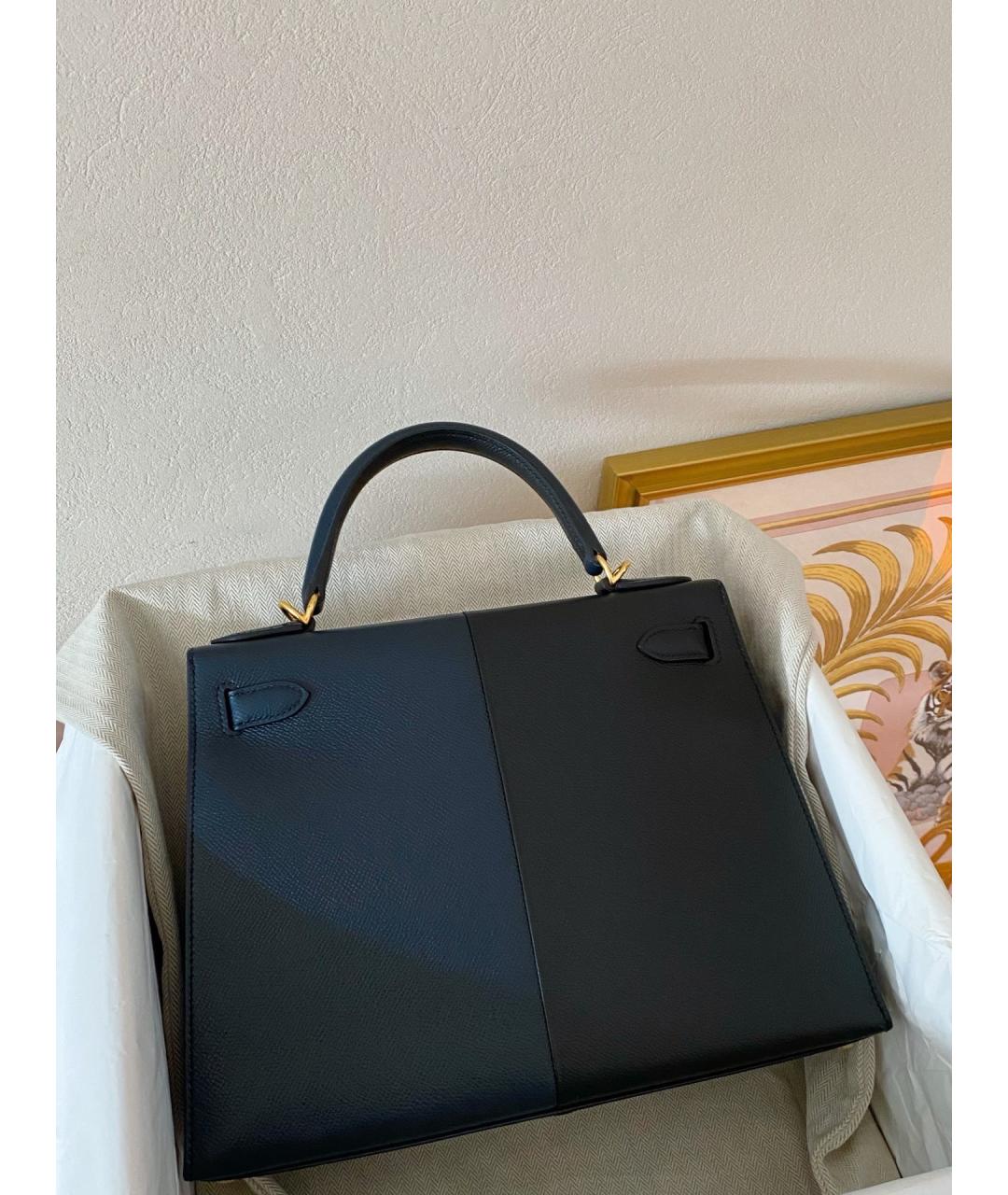 HERMES Темно-синяя кожаная сумка с короткими ручками, фото 6