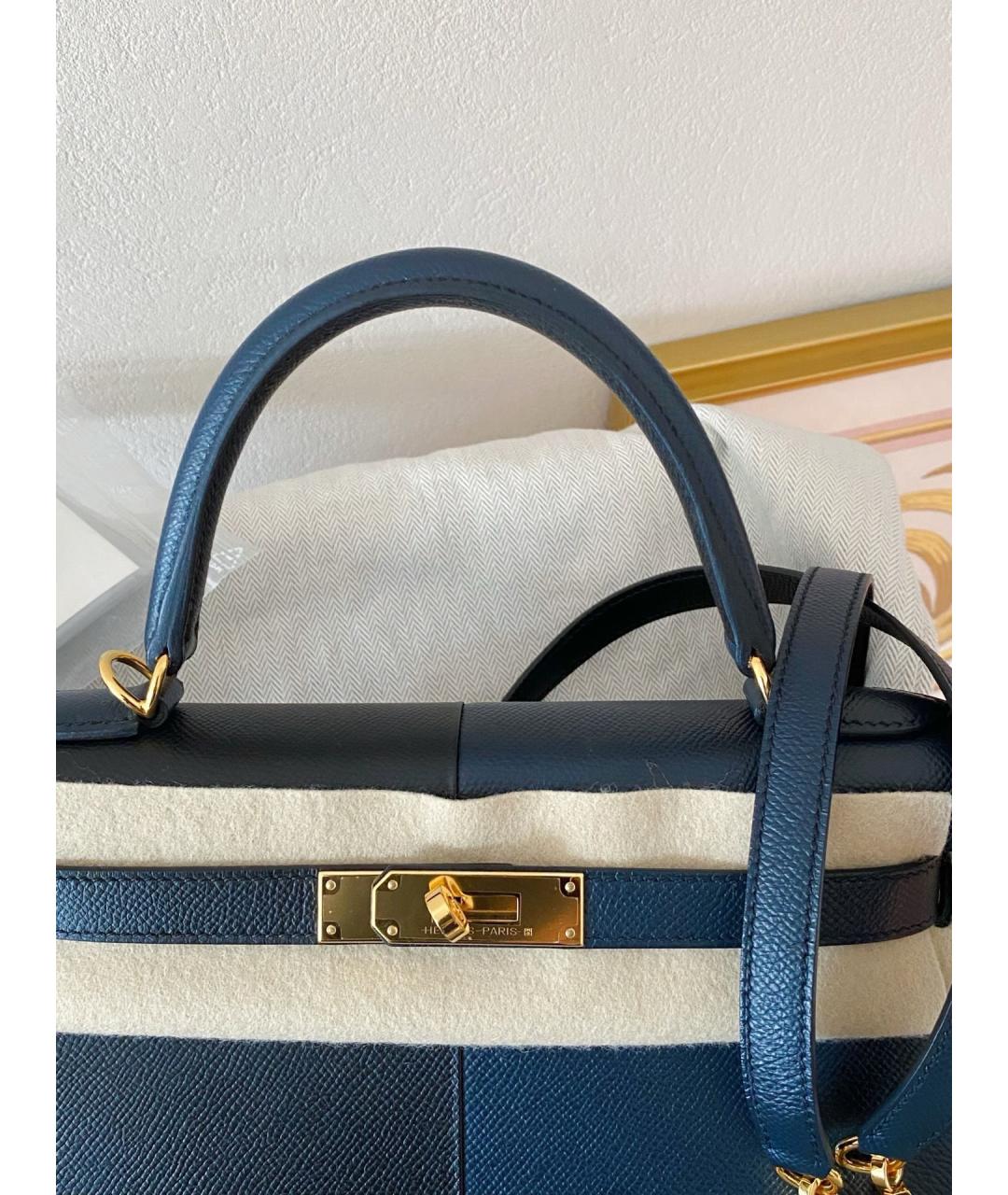 HERMES Темно-синяя кожаная сумка с короткими ручками, фото 4