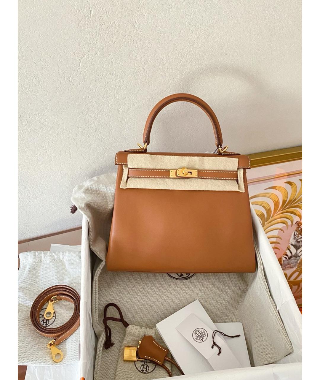 HERMES Коричневая кожаная сумка с короткими ручками, фото 6