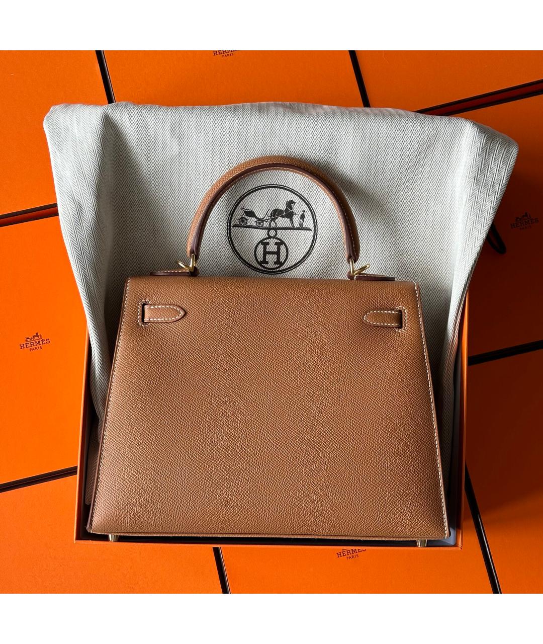 HERMES Золотая кожаная сумка с короткими ручками, фото 3