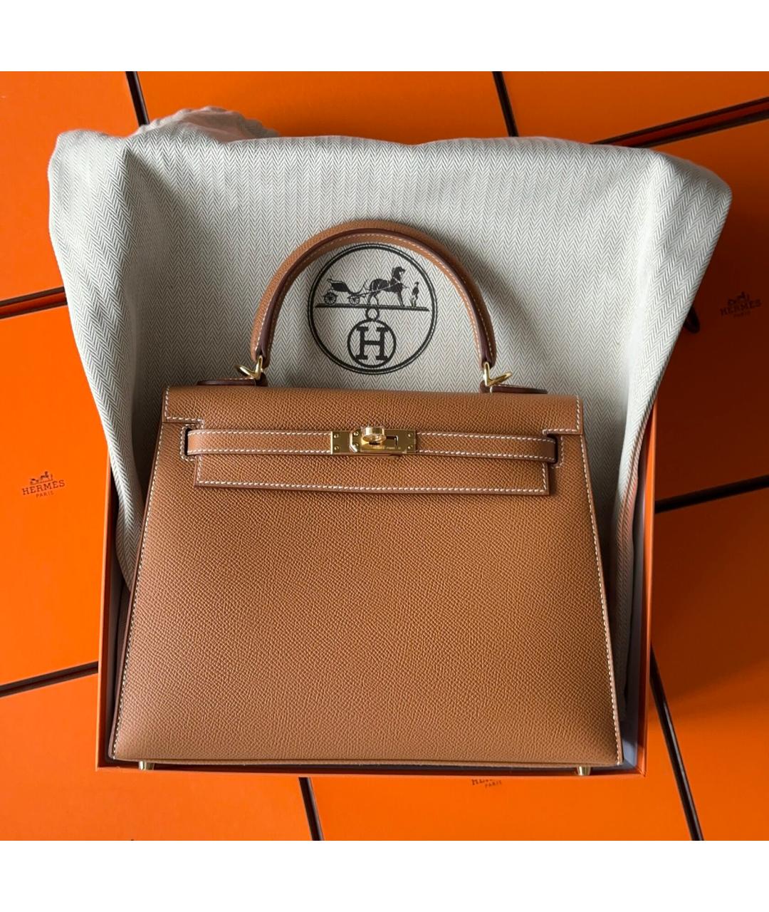 HERMES Золотая кожаная сумка с короткими ручками, фото 2