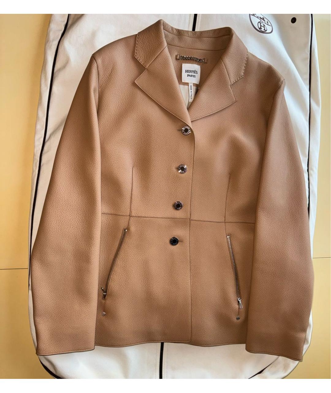HERMES Бежевый кожаный жакет/пиджак, фото 6