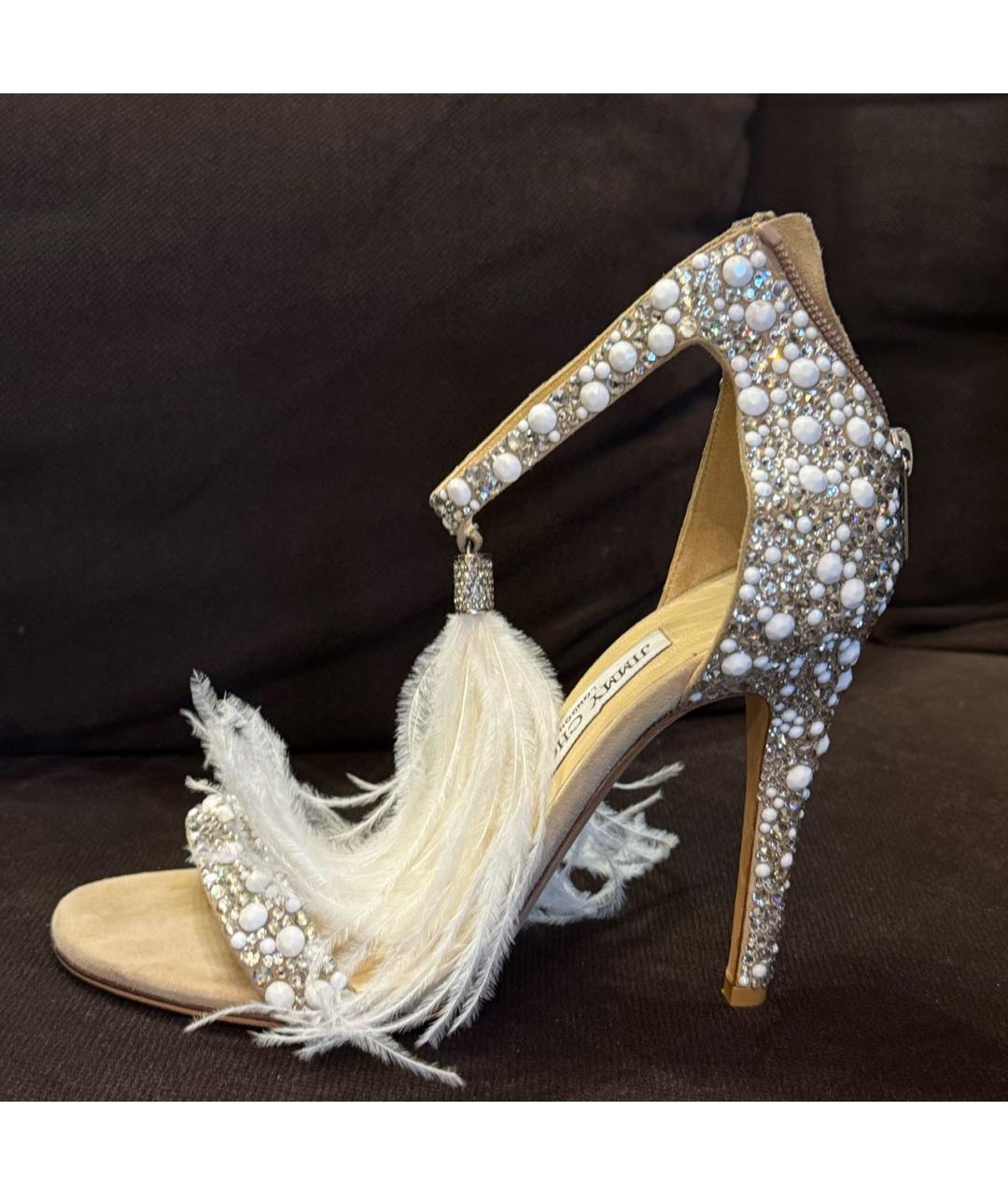 JIMMY CHOO Бежевые кожаные свадебные туфли на среднем каблуке, фото 9