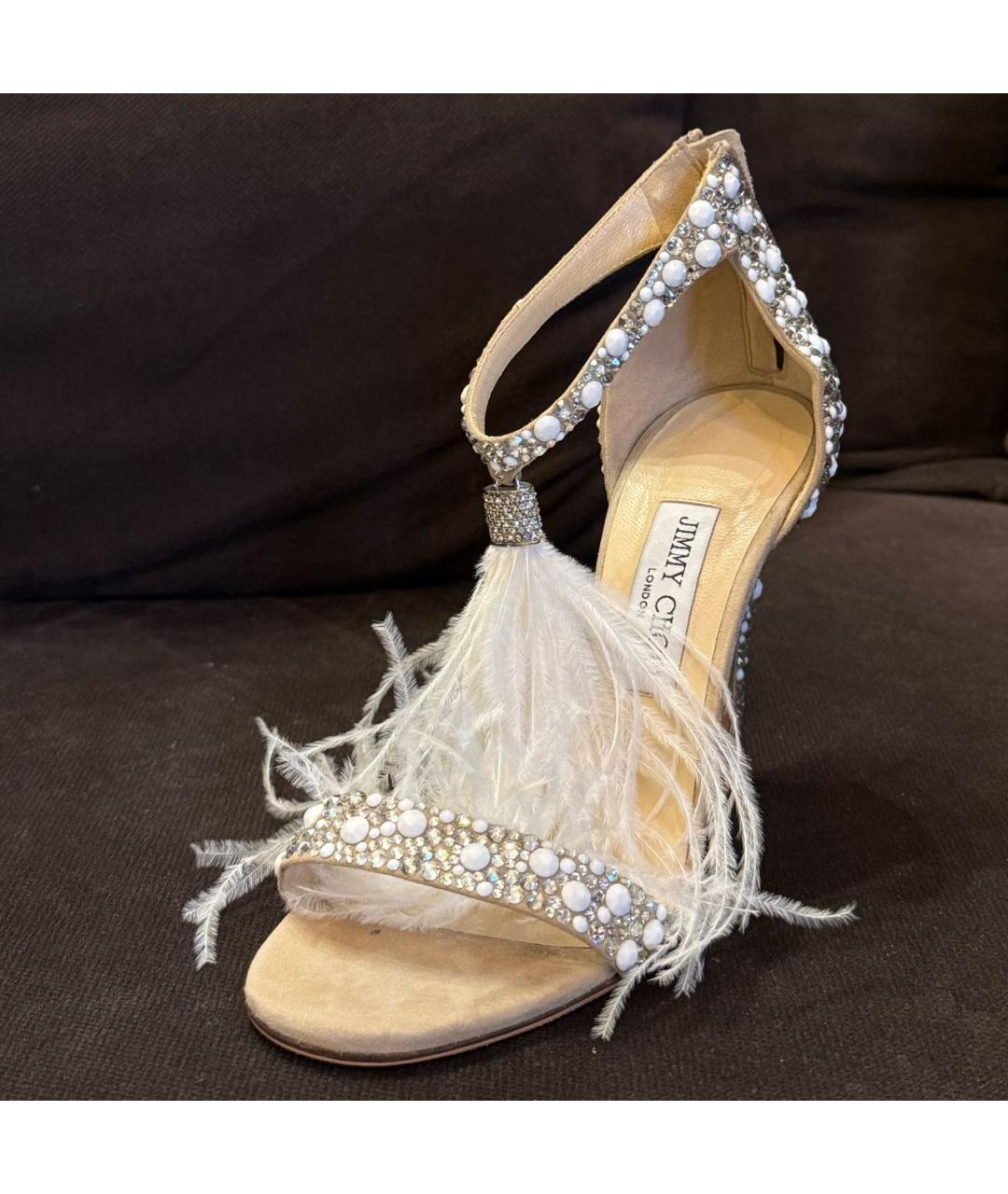 JIMMY CHOO Бежевые кожаные свадебные туфли на среднем каблуке, фото 3