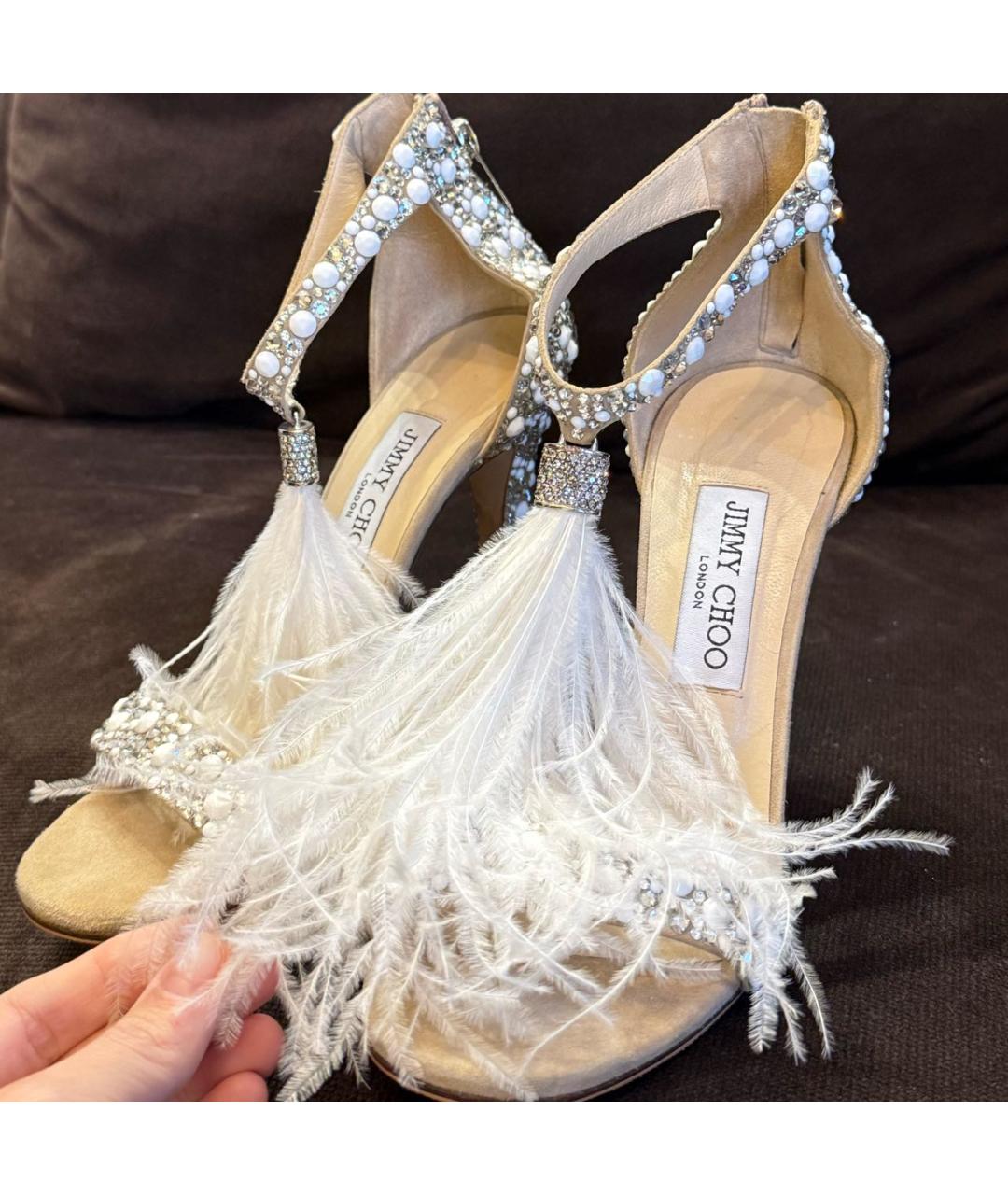 JIMMY CHOO Бежевые кожаные свадебные туфли на среднем каблуке, фото 7