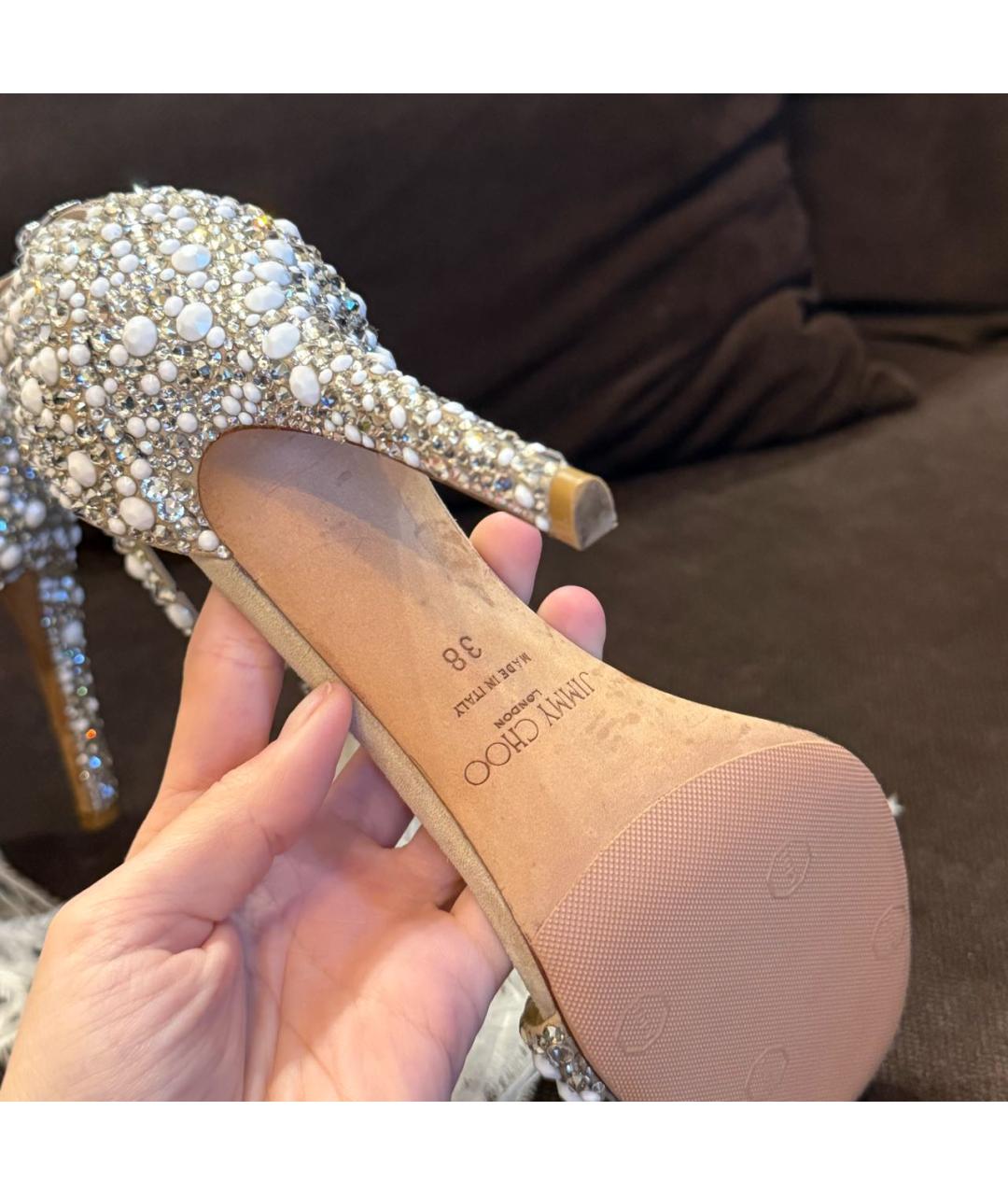 JIMMY CHOO Бежевые кожаные свадебные туфли на среднем каблуке, фото 5