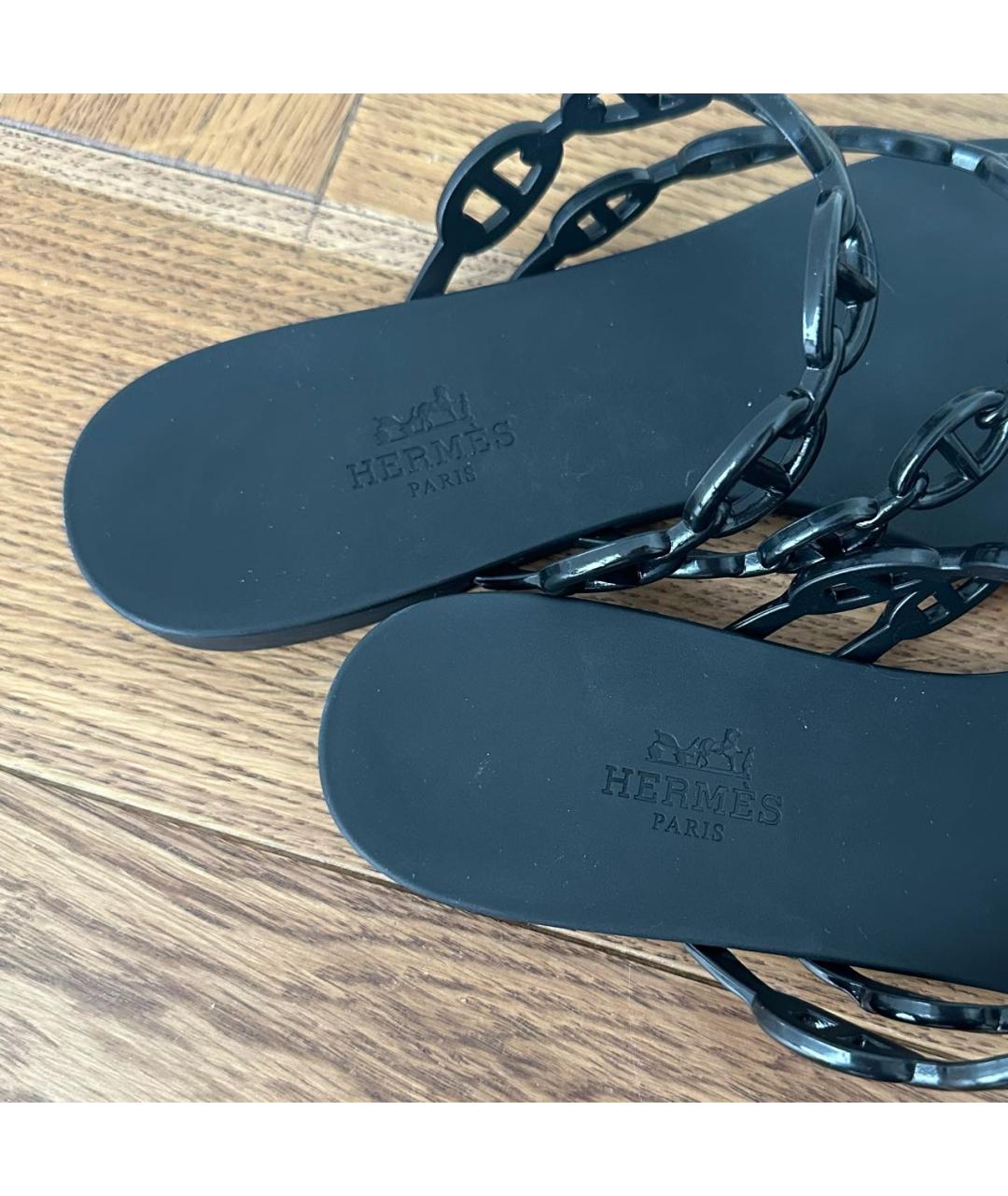 HERMES Черные резиновые шлепанцы, фото 6