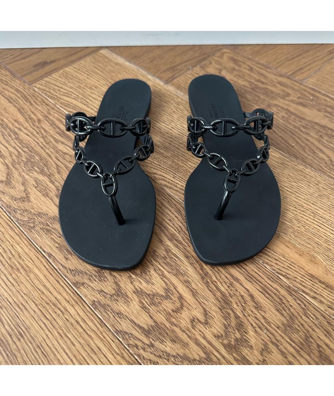 HERMES Черные резиновые шлепанцы, фото 2
