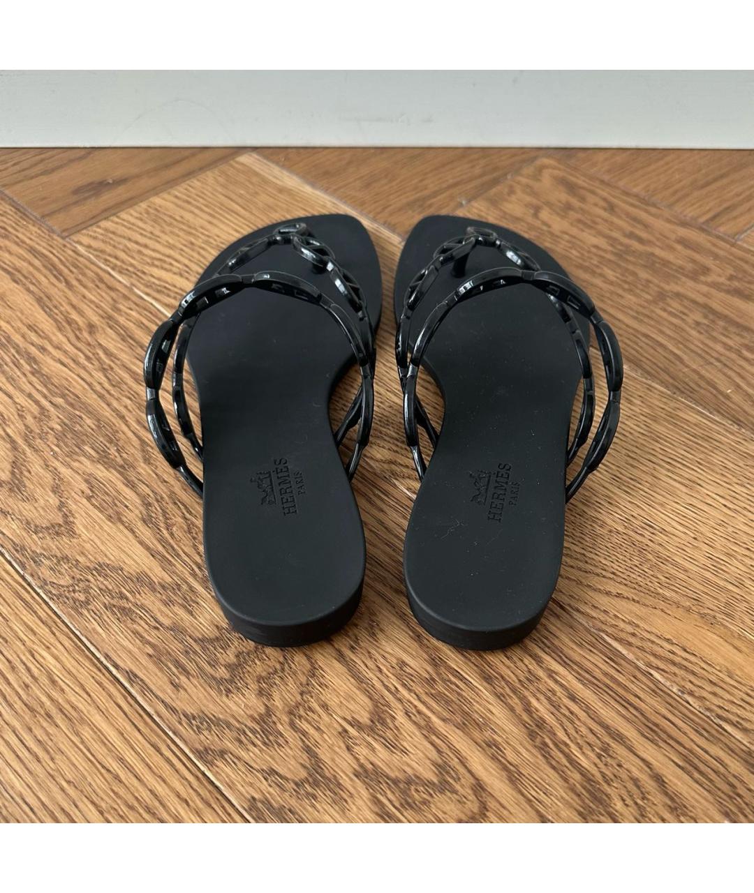HERMES Черные резиновые шлепанцы, фото 4