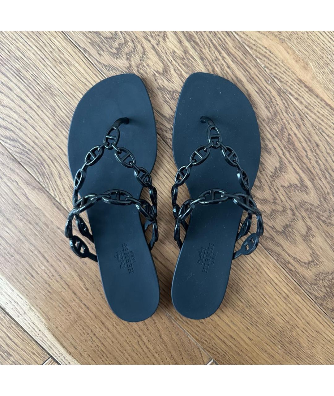 HERMES Черные резиновые шлепанцы, фото 3