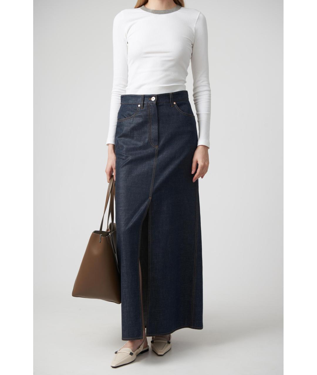 BRUNELLO CUCINELLI Темно-синяя хлопковая юбка макси, фото 7