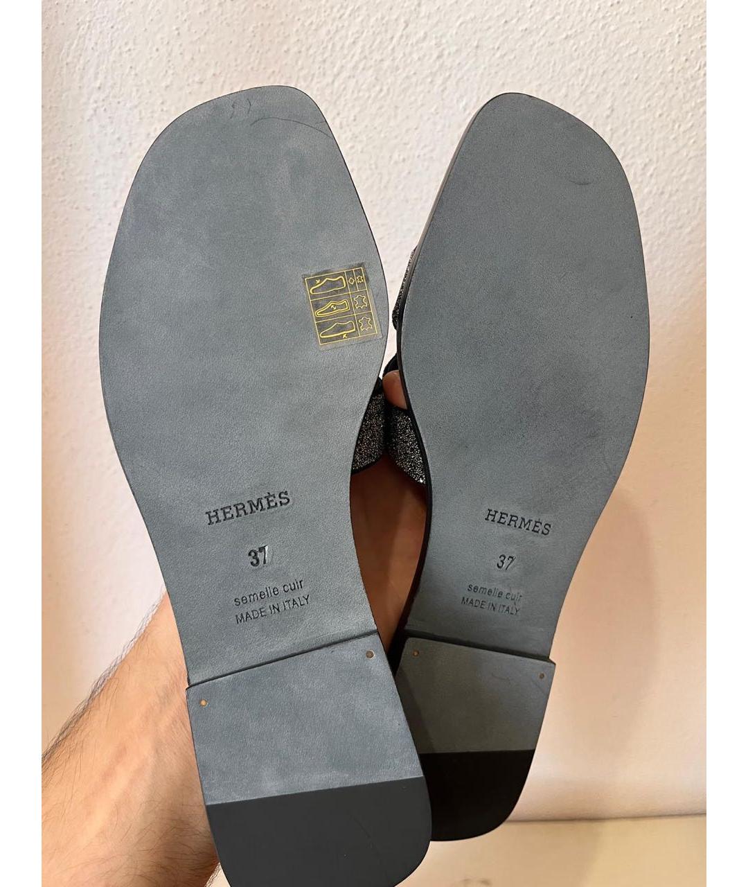 HERMES Черные кожаные шлепанцы, фото 6