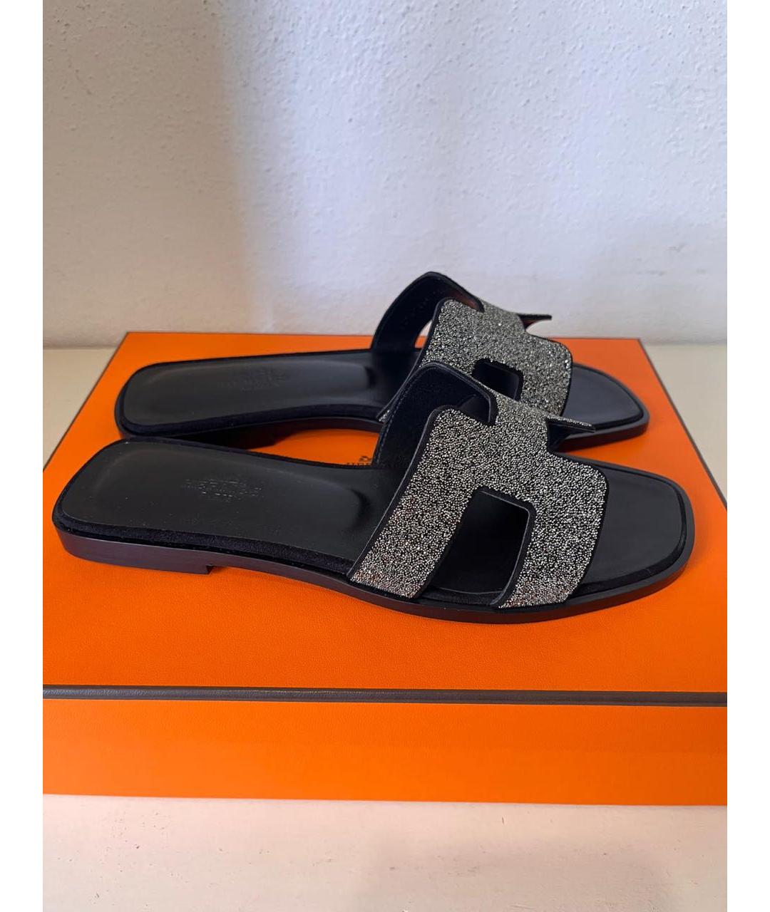 HERMES Черные кожаные шлепанцы, фото 9