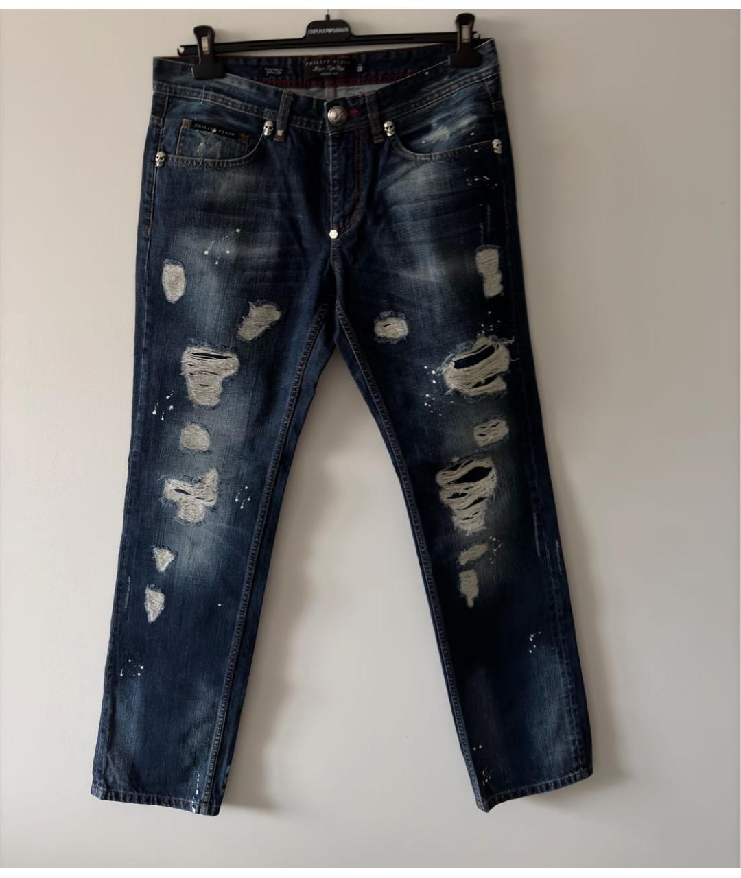 PHILIPP PLEIN Темно-синие хлопковые прямые джинсы, фото 4