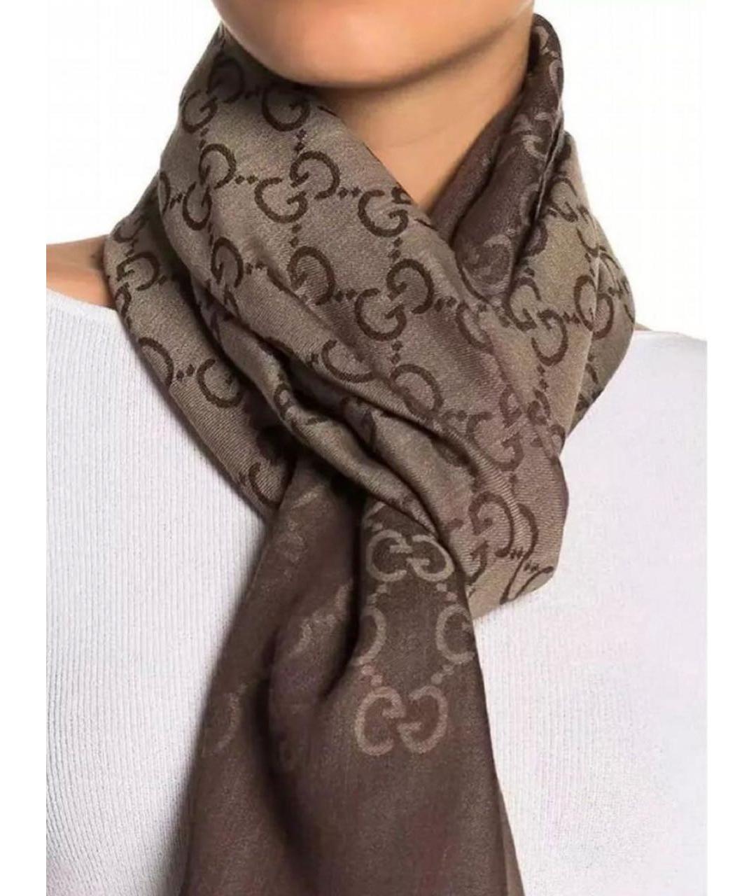 GUCCI Коричневый шерстяной шарф, фото 6
