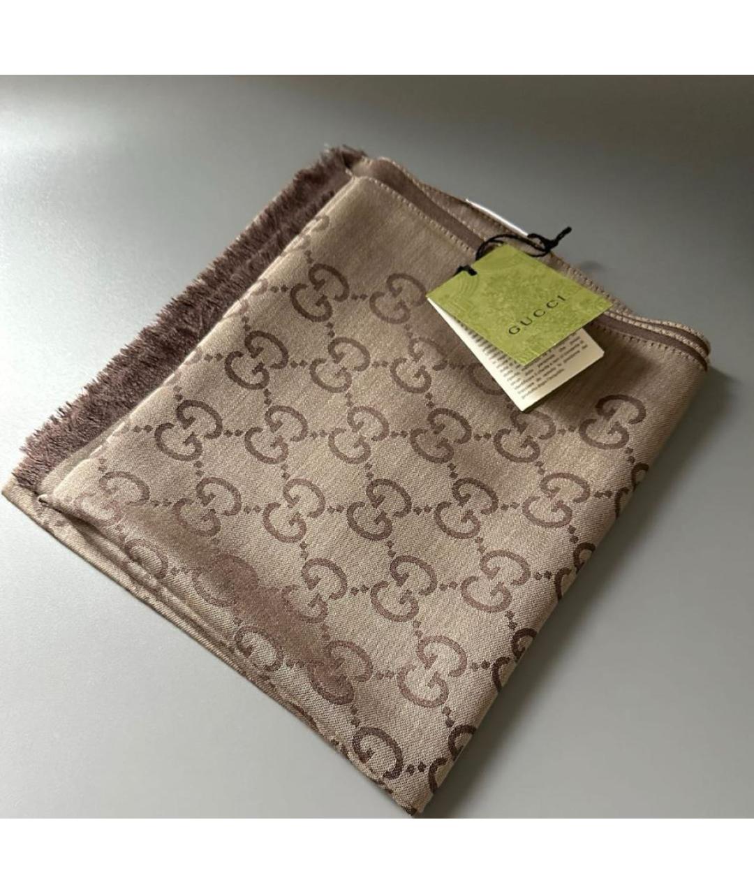 GUCCI Коричневый шерстяной шарф, фото 2