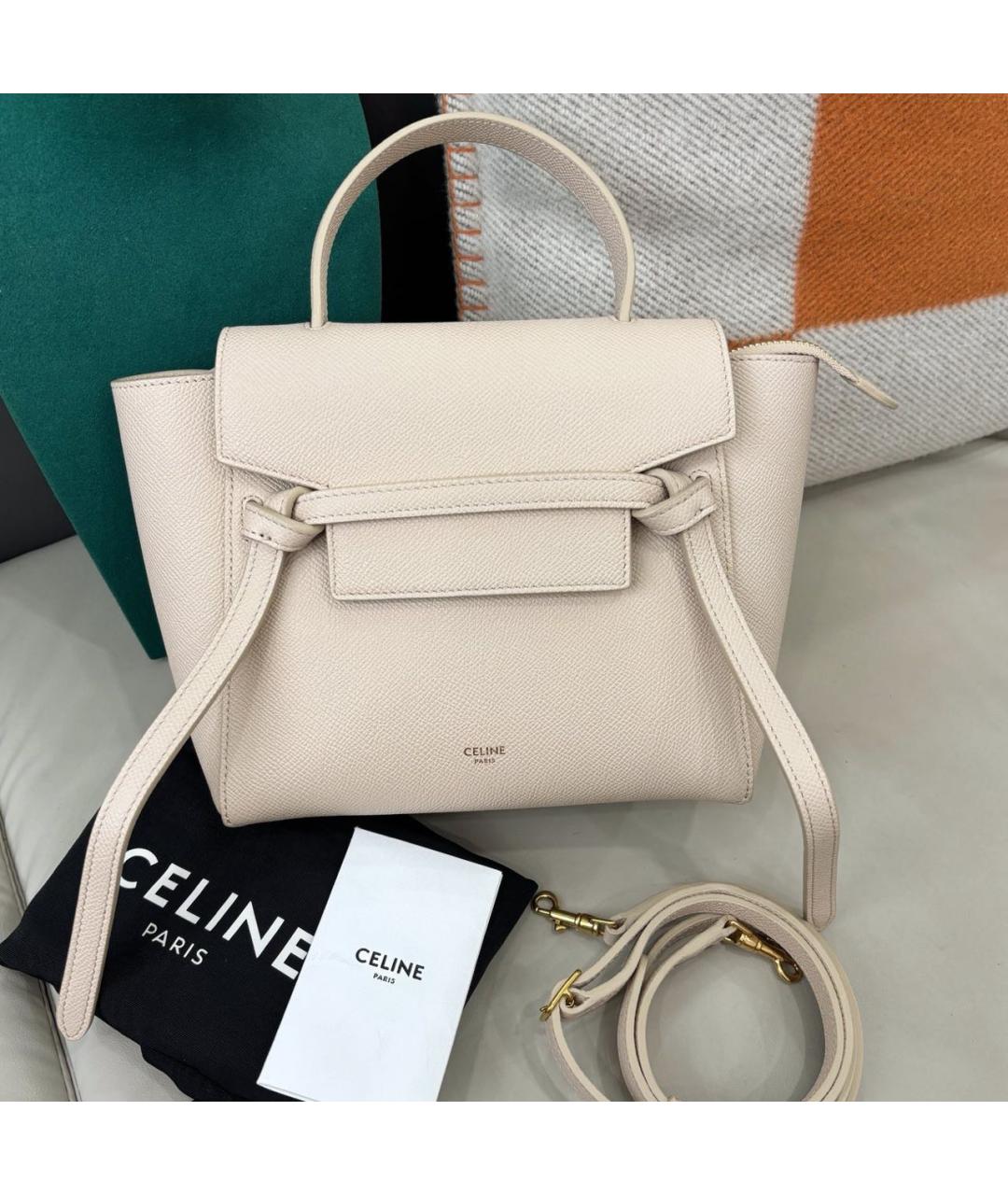 CELINE Бежевая кожаная сумка с короткими ручками, фото 2