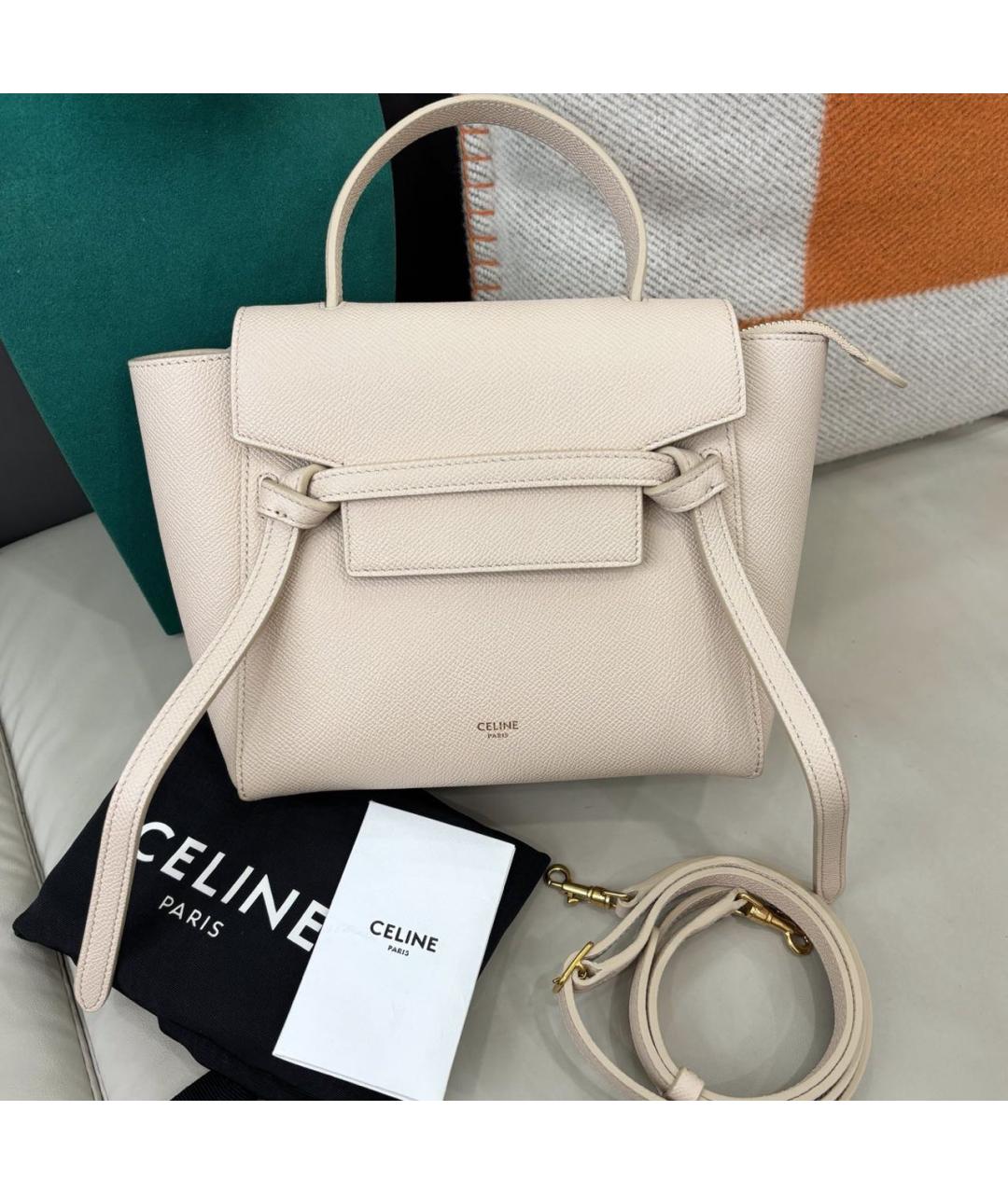 CELINE Бежевая кожаная сумка с короткими ручками, фото 8