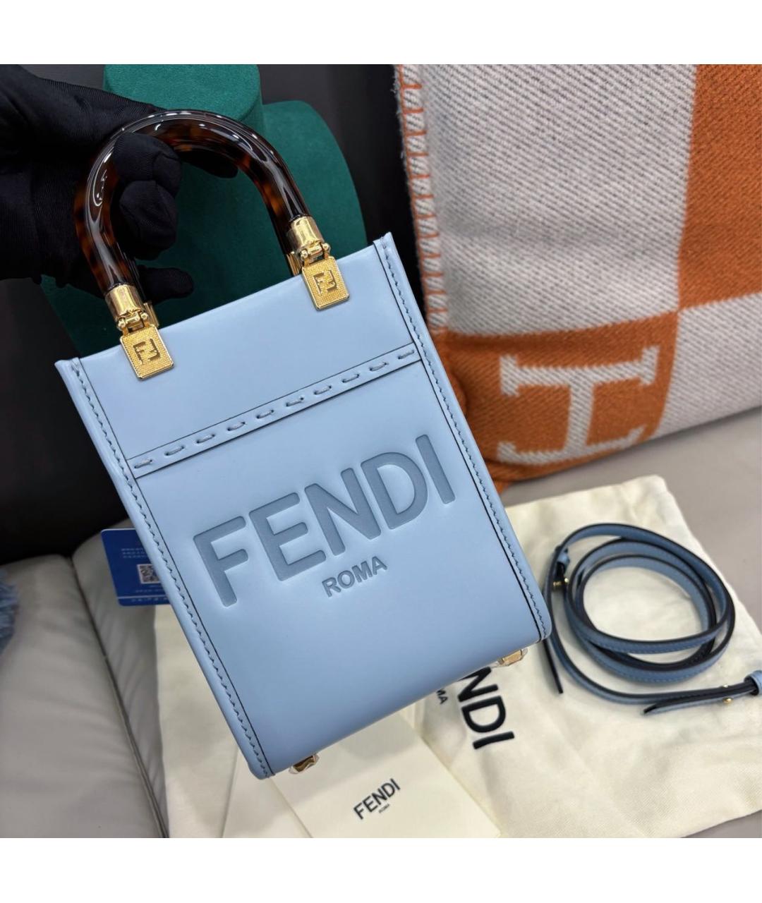 FENDI Голубая кожаная сумка с короткими ручками, фото 2