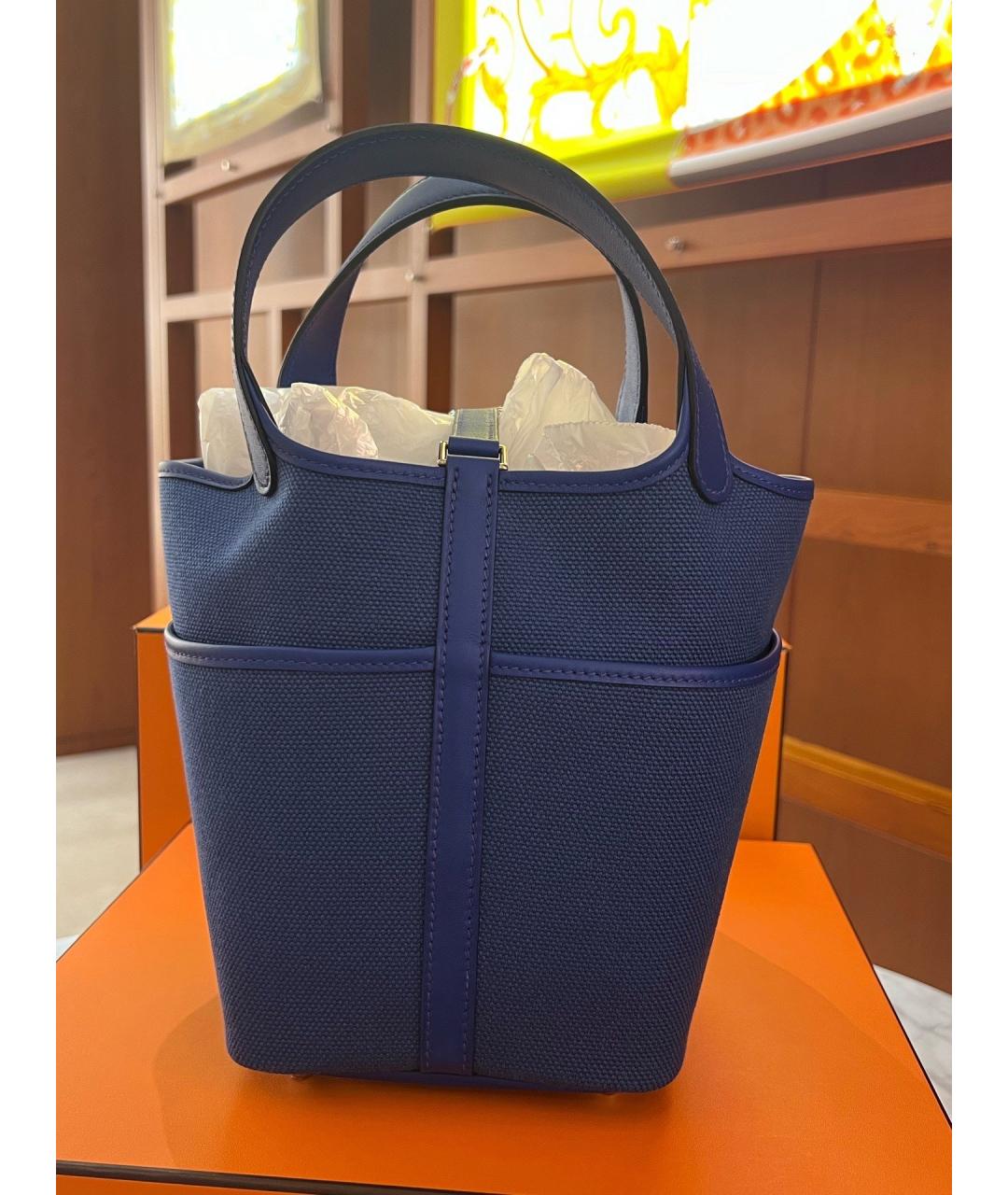 HERMES Темно-синяя тканевая сумка с короткими ручками, фото 3
