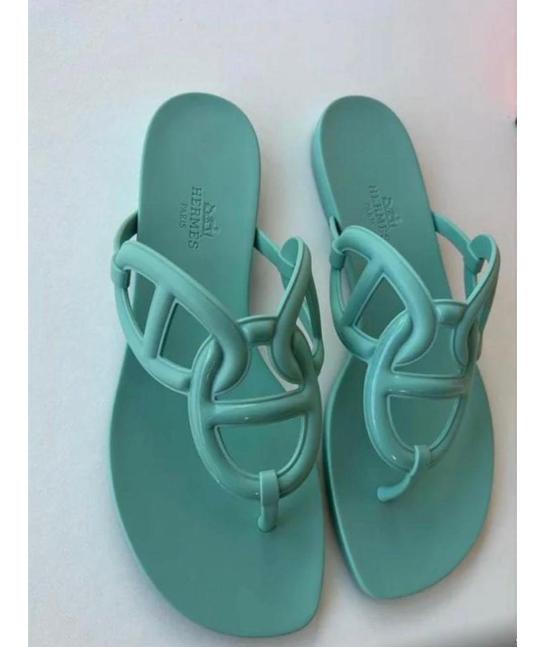 HERMES Бирюзовые резиновые шлепанцы, фото 7