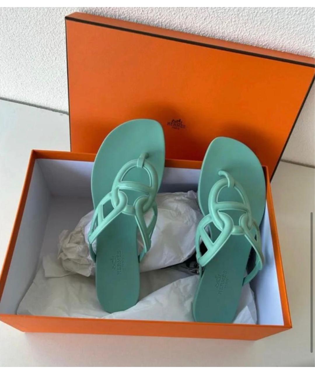 HERMES Бирюзовые резиновые шлепанцы, фото 4