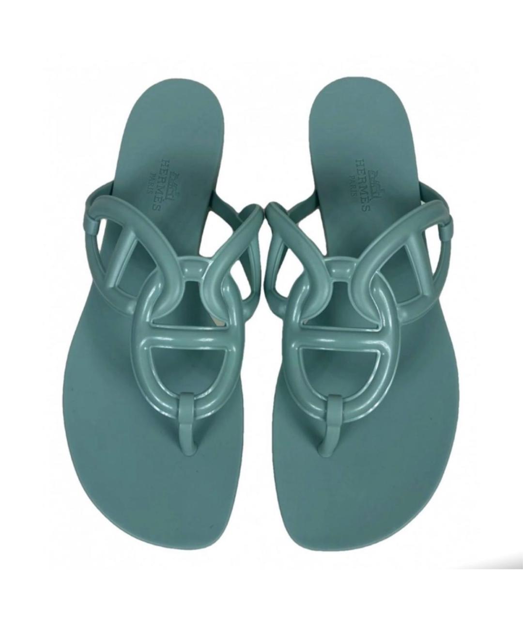 HERMES Бирюзовые резиновые шлепанцы, фото 2