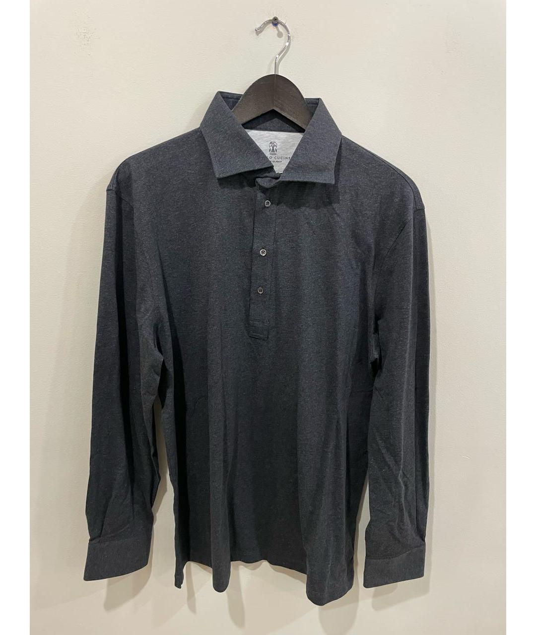 BRUNELLO CUCINELLI Антрацитовое хлопковое поло с длинным рукавом, фото 5