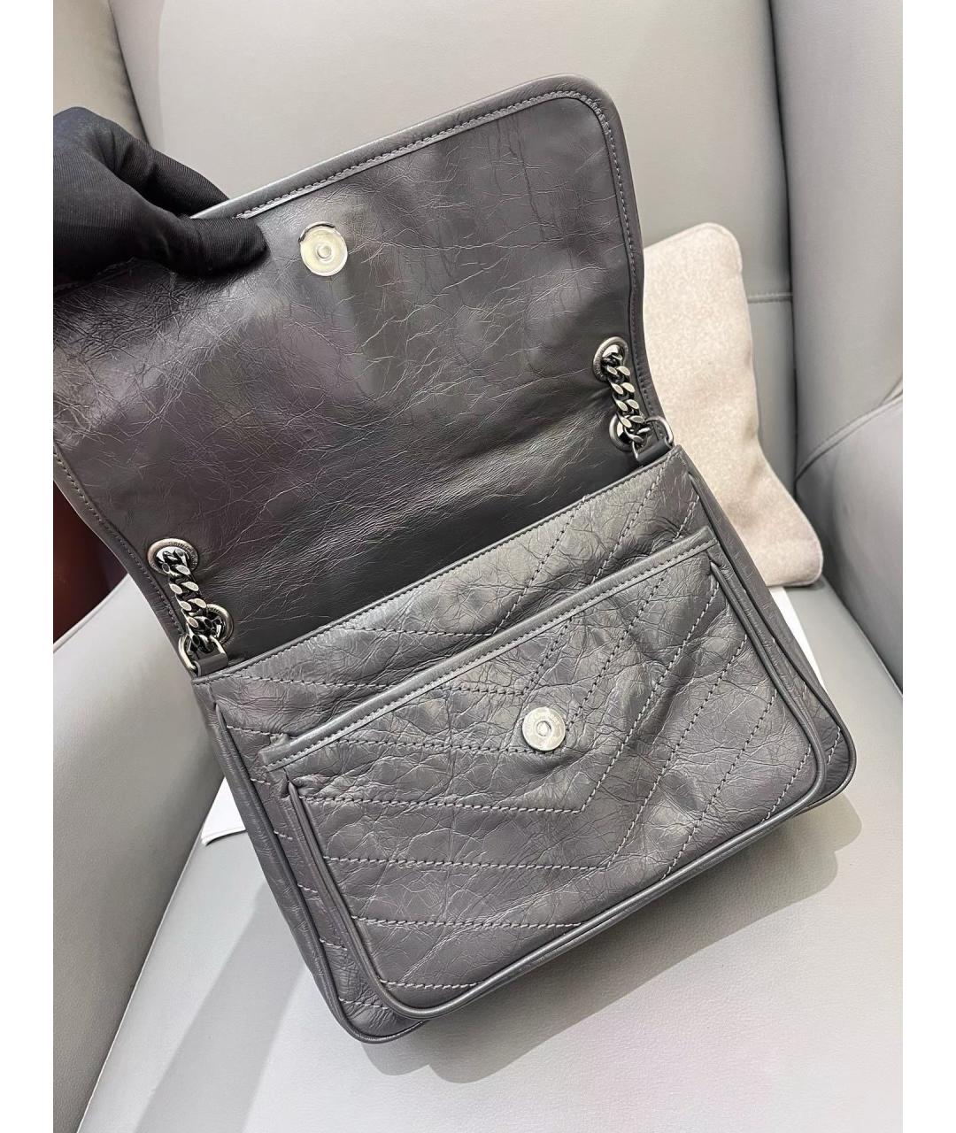 SAINT LAURENT Серая кожаная сумка через плечо, фото 7