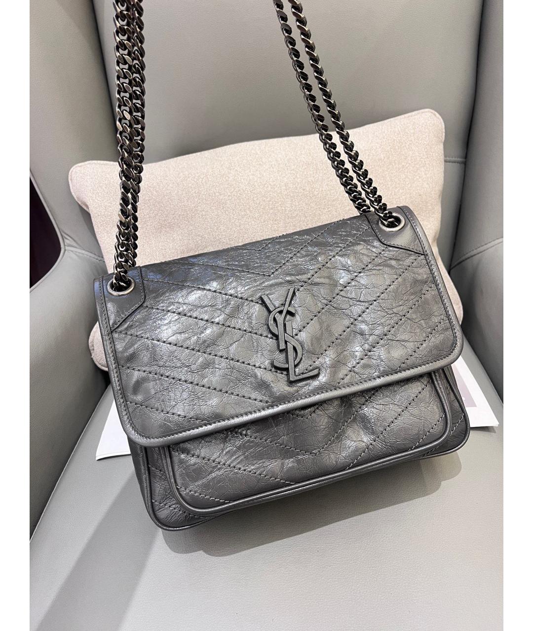 SAINT LAURENT Серая кожаная сумка через плечо, фото 9
