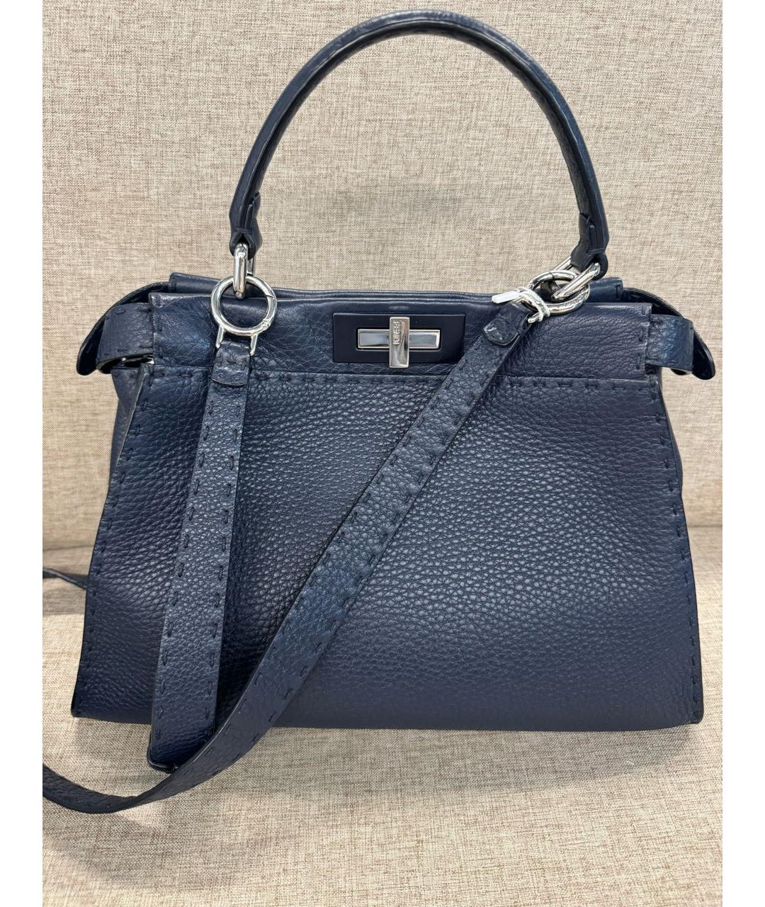 FENDI Темно-синяя кожаная сумка тоут, фото 5