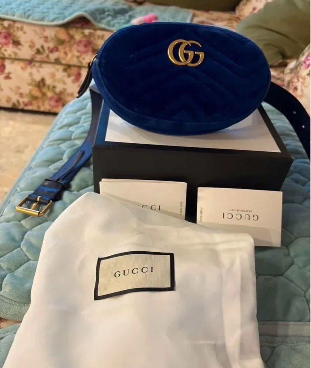 GUCCI Темно-синяя бархатная поясная сумка, фото 2