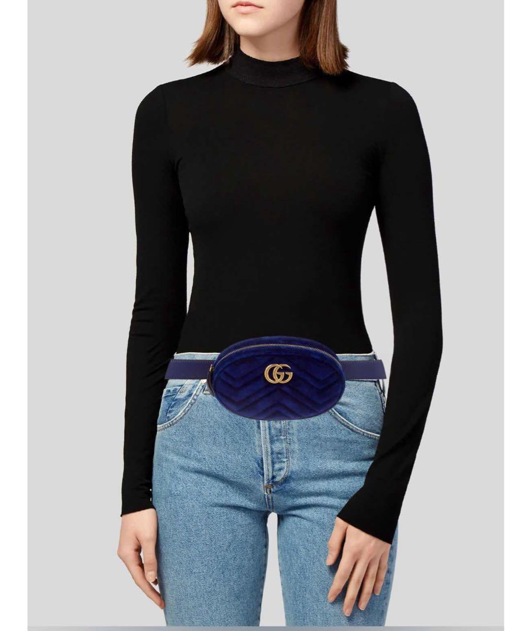 GUCCI Темно-синяя бархатная поясная сумка, фото 6