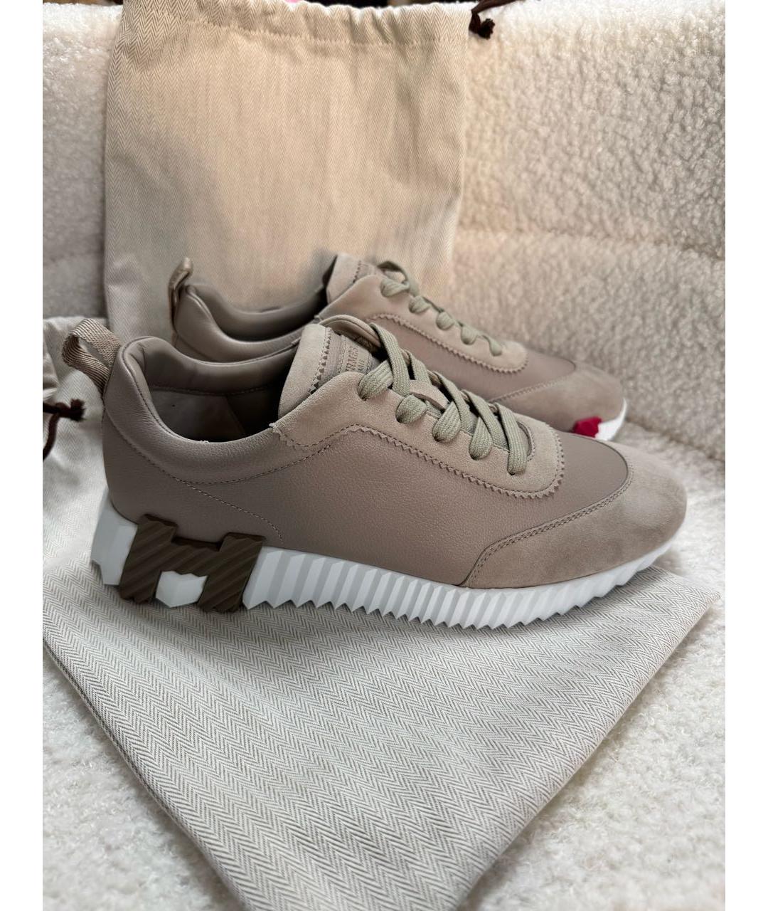 HERMES Бежевые кожаные кеды, фото 6