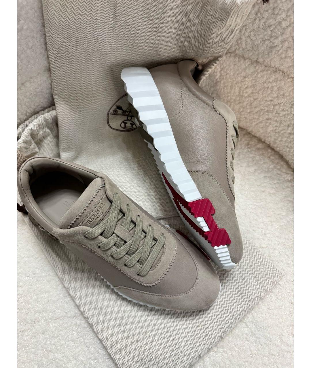 HERMES Бежевые кожаные кеды, фото 5