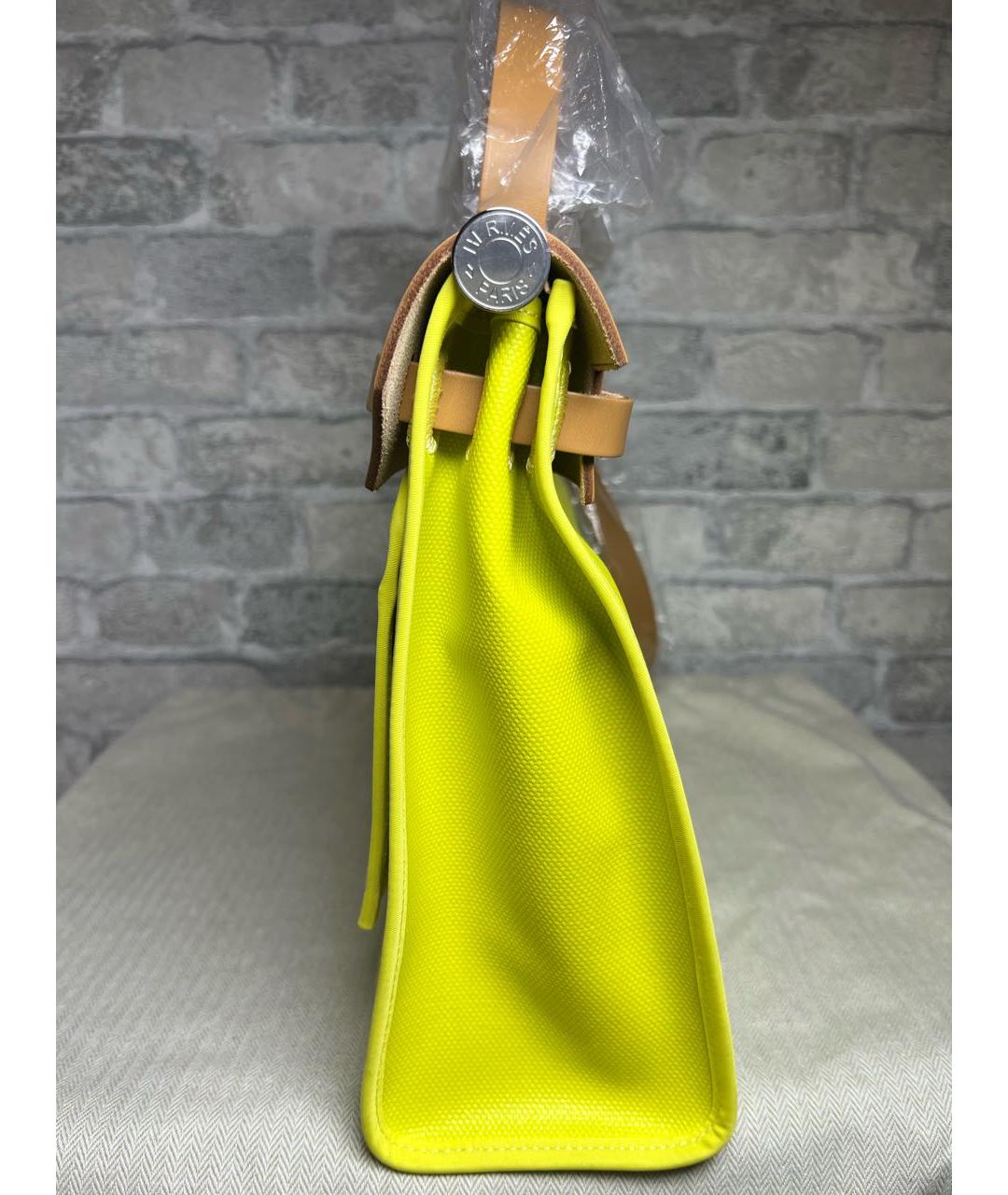 HERMES Желтая тканевая сумка с короткими ручками, фото 4