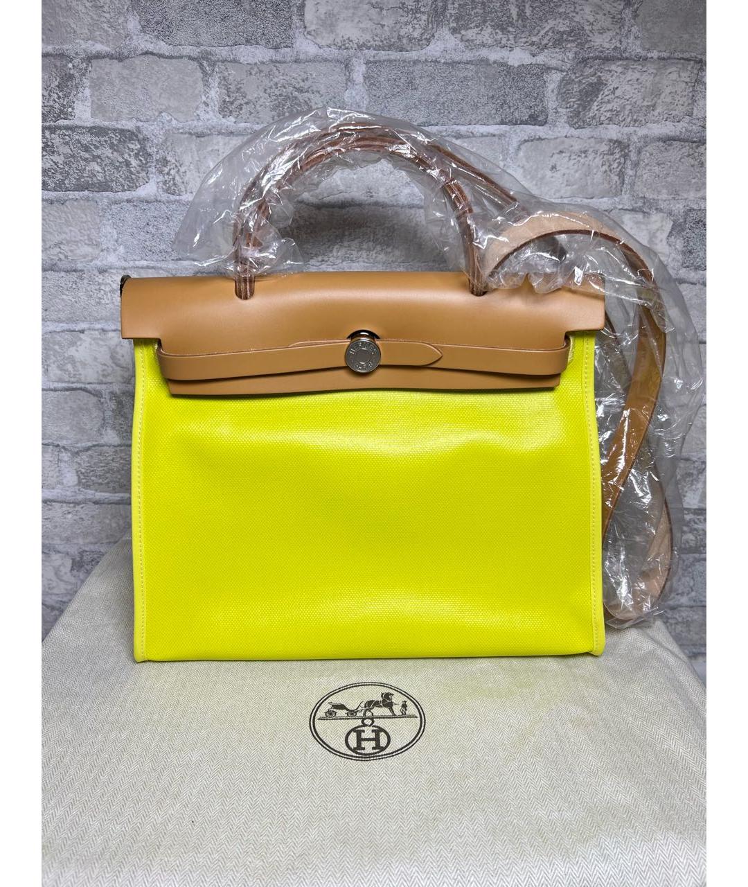 HERMES Желтая тканевая сумка с короткими ручками, фото 9